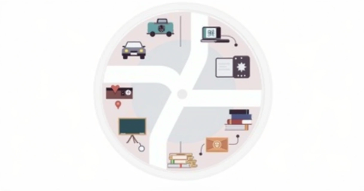Círculo mostrando áreas como saúde, transporte, educação e finanças, com ícones de cada setor 