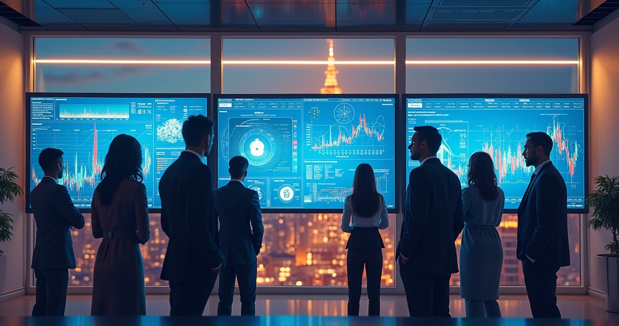 Profissionais de energia, finanças e judiciário observando telas com gráficos digitais 