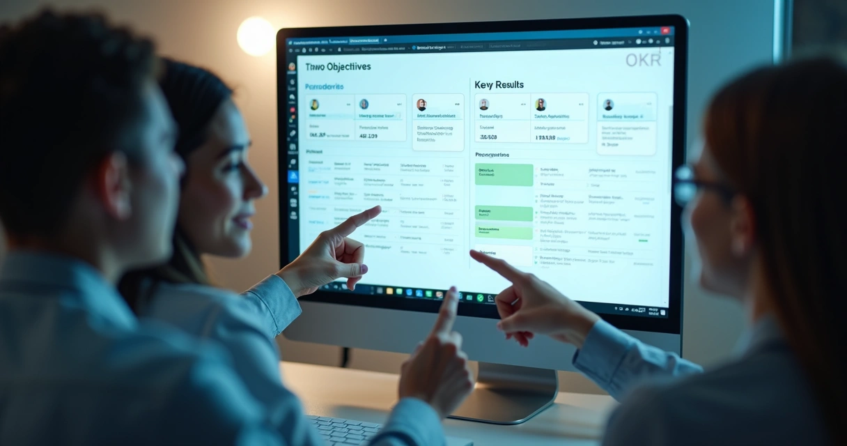 Inteligência artificial sugerindo OKRs enxutos para uma PME. 