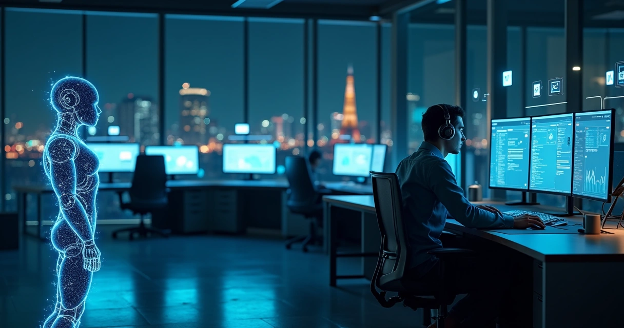 Atendente humano em call center ao lado de holograma de robô de suporte técnico 