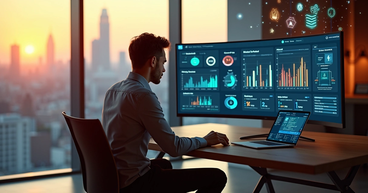 Empresário analisando testes de negócio em painel com inteligência artificial 