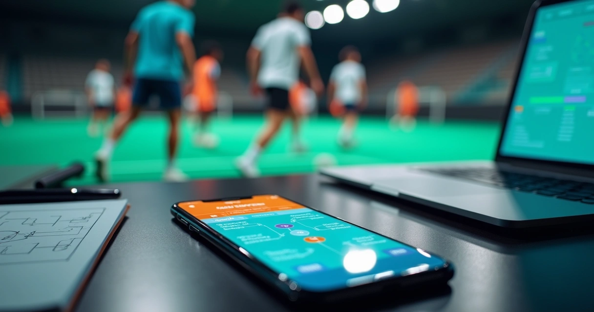 Tela de aplicativo com torneio esportivo mostrando grupos e tabela gerados por IA 