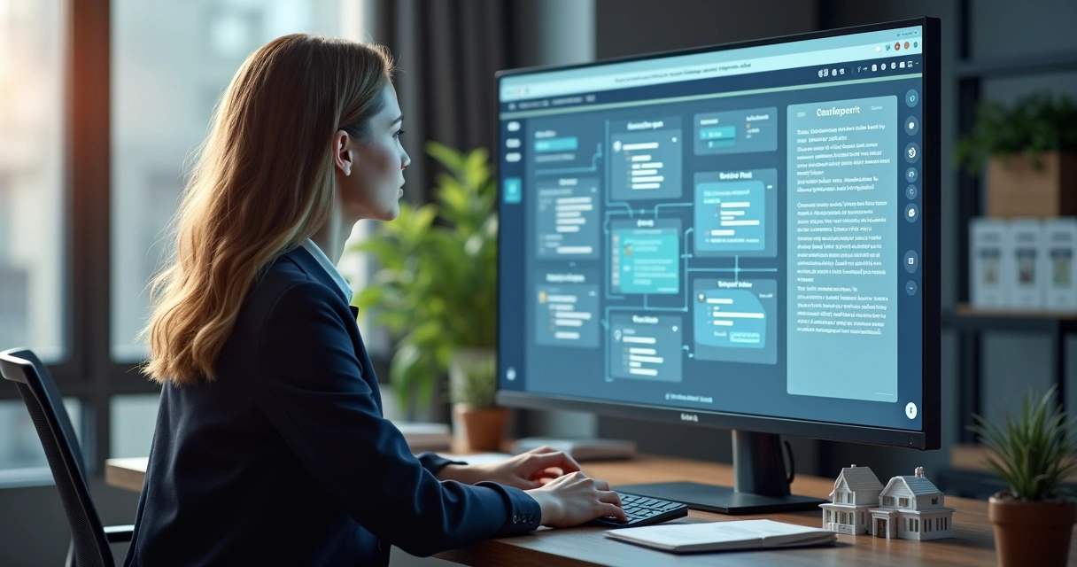 Corretor analisando informações com IA em tela grande de computador 