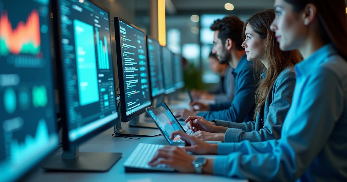 Equipe produzindo conteúdo com apoio de inteligência artificial. 