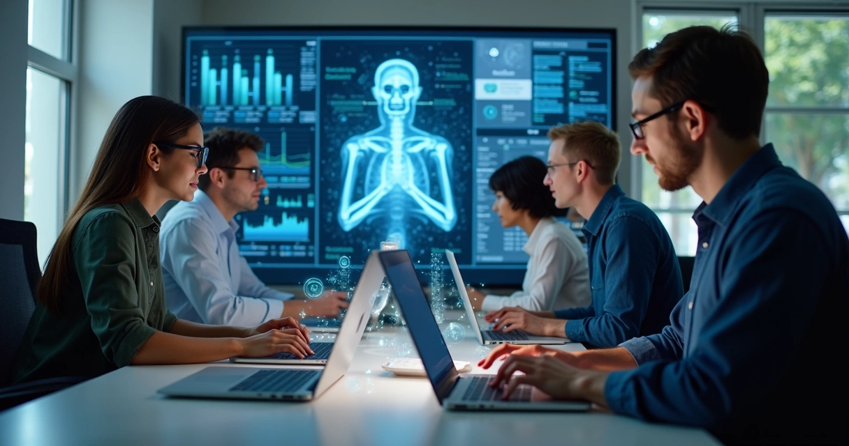 Várias pessoas trabalhando usando IA, com telas mostrando gráficos, textos, tradução e redes sociais
