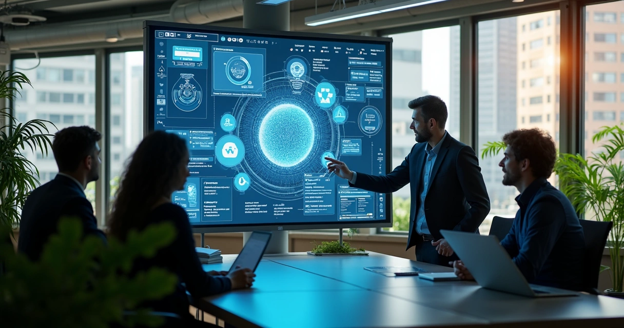 Equipe colaborando com agentes digitais IA em painel central único 