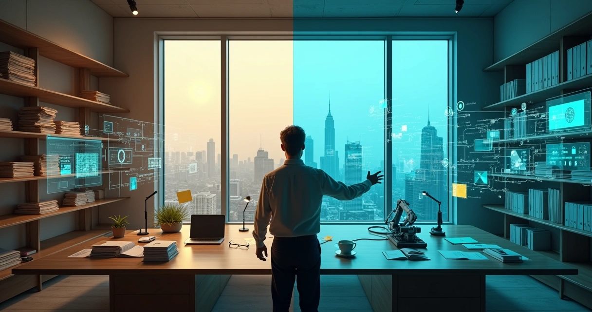 Divisão visual entre empresa tradicional e negócio impulsionado por IA em 2026 