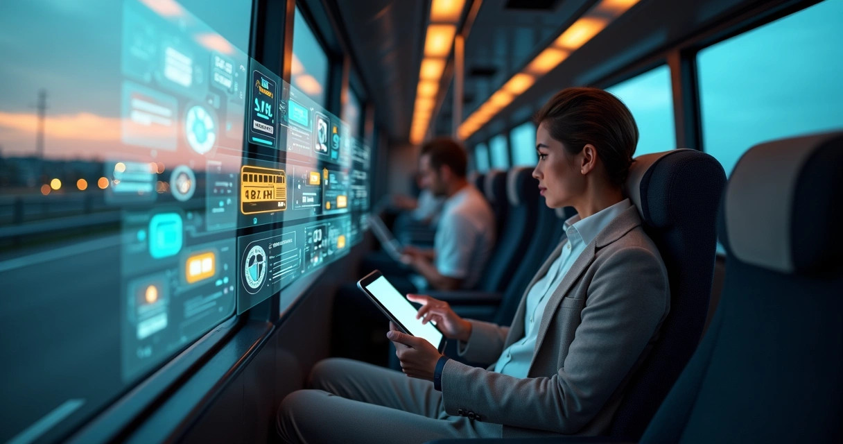 Executivo em ônibus interagindo com interface de IA em holograma 