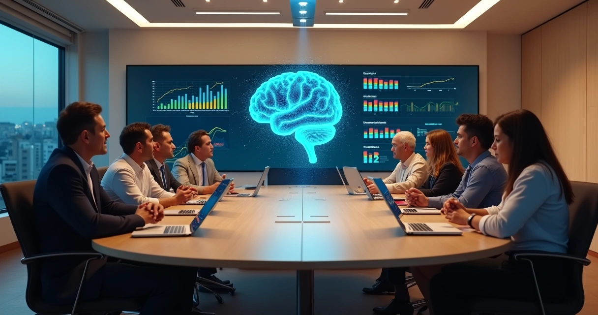 Sala de treinamento corporativo com dados projetados e holograma de inteligência artificial 