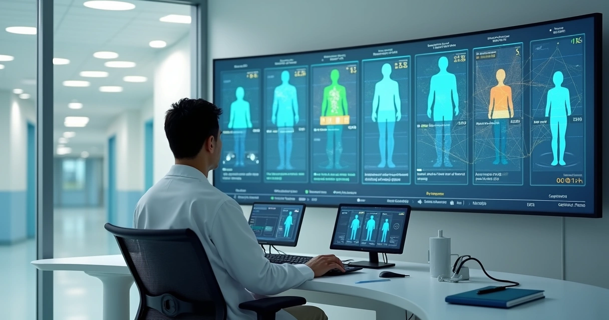 Médico observa grande painel digital de triagem com pacientes virtuais em consultório moderno 