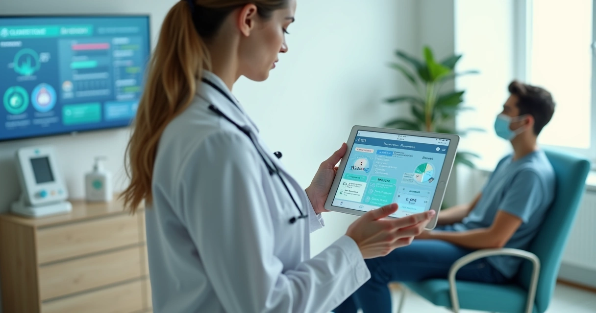 Médica analisando painel de triagem inteligente em tablet na clínica 