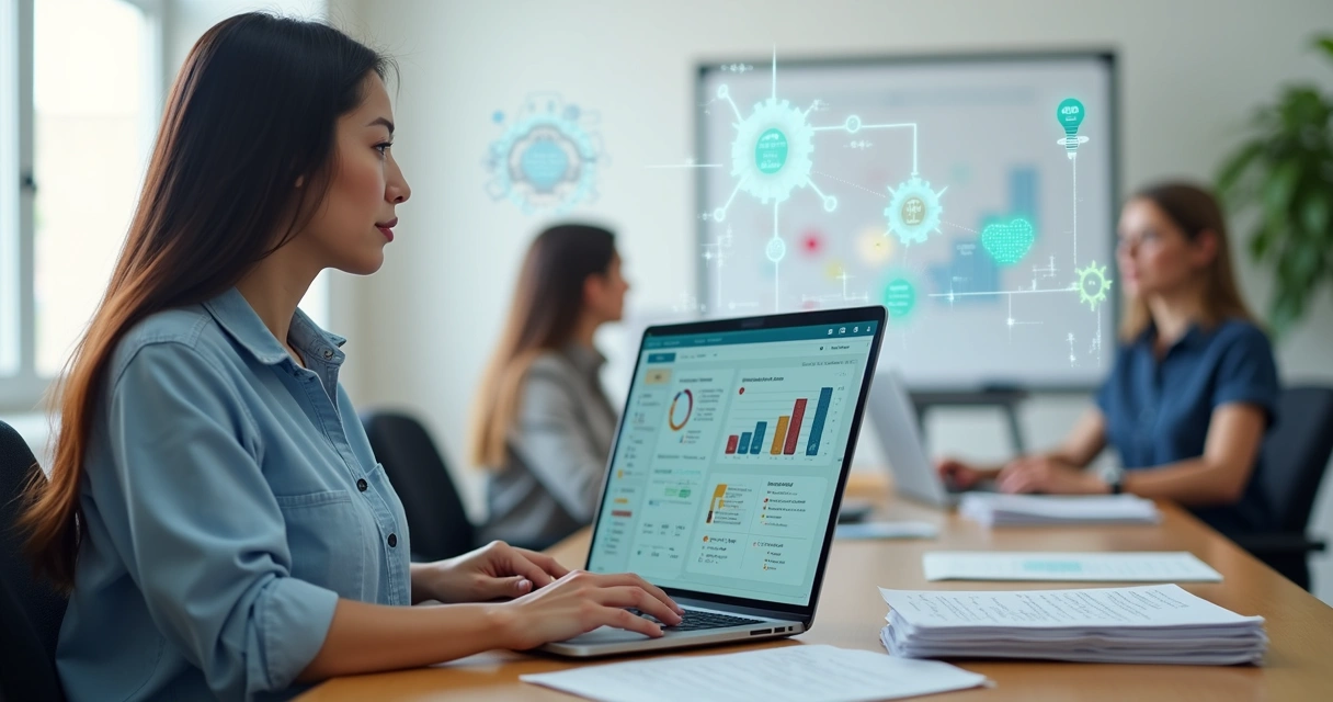 Recrutadora em pequena empresa usando IA para triagem de currículos 