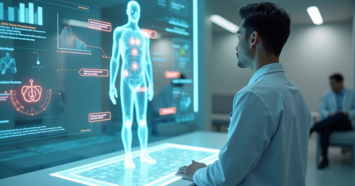 Médico observa holograma com mapa do corpo humano destacando sintomas 