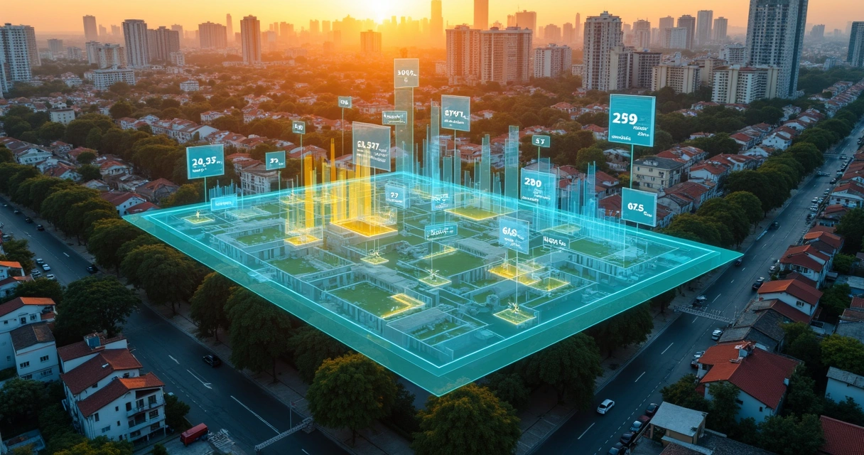 Mapa urbano com terrenos destacados e gráficos de análise de valor venal 