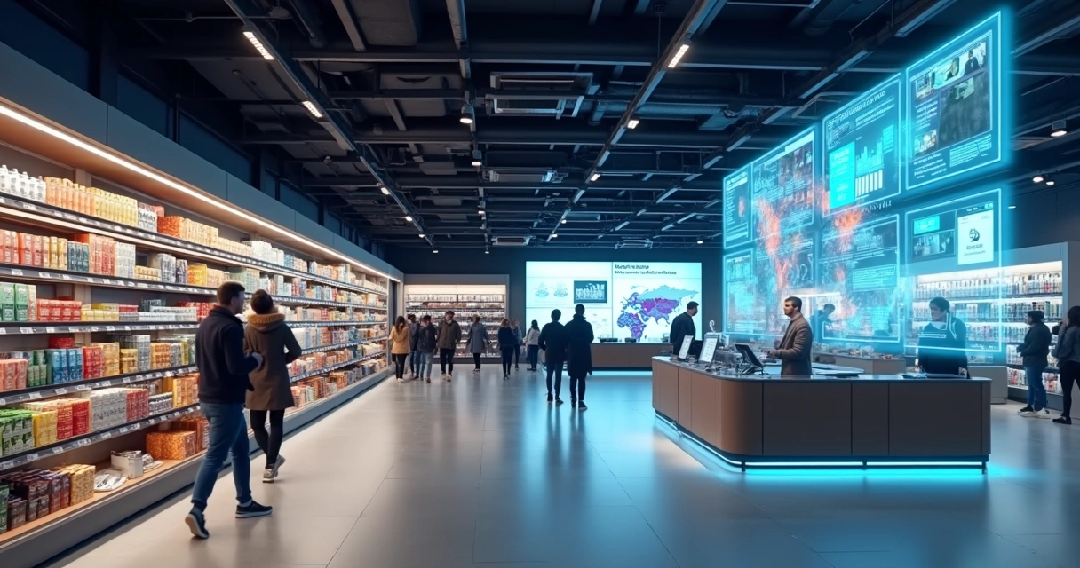 Vista de loja de varejo com telas exibindo dashboards de IA na operação 