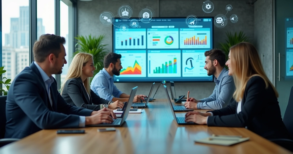 Equipe comercial analisando painéis de vendas com ícones de inteligência artificial 