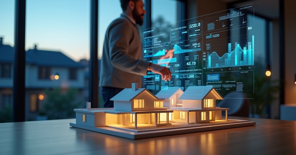 Corretor observando casas em maquete acompanhadas de painel holográfico de dados de vendas 