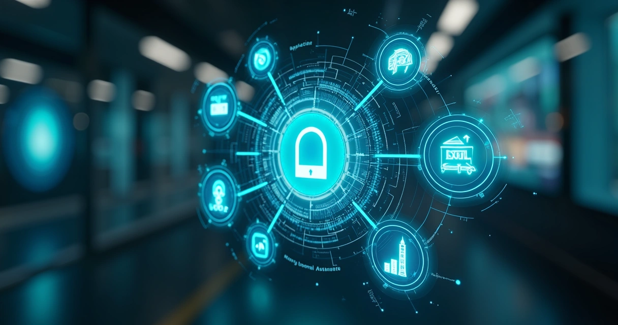 Ilustração realista de um painel digital com representações visuais das indústrias de saúde, finanças, varejo e indústria integradas por inteligência artificial vertical 