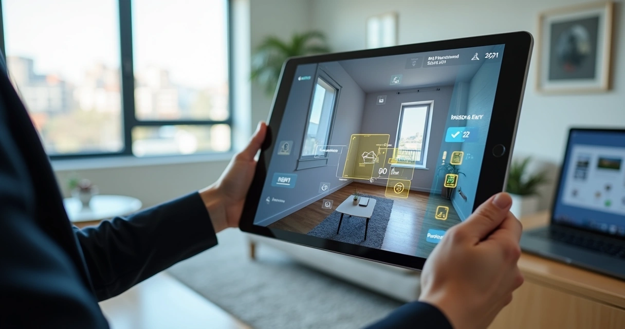 Corretor usando tablet para vistoria de imóvel com análise de IA na tela 