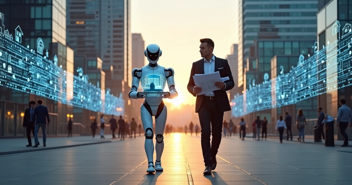 Robô e corretor humano caminhando juntos em cidade com prédios digitais 