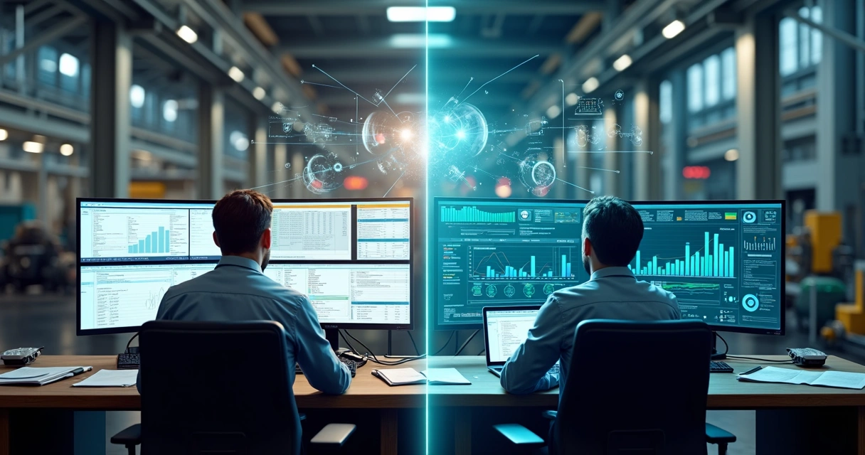 Comparação visual entre IA e software tradicional na manutenção industrial 