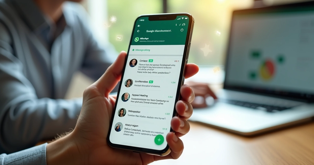 Tela de celular com WhatsApp exibindo conversa automatizada com ícones de inteligência artificial ao fundo 