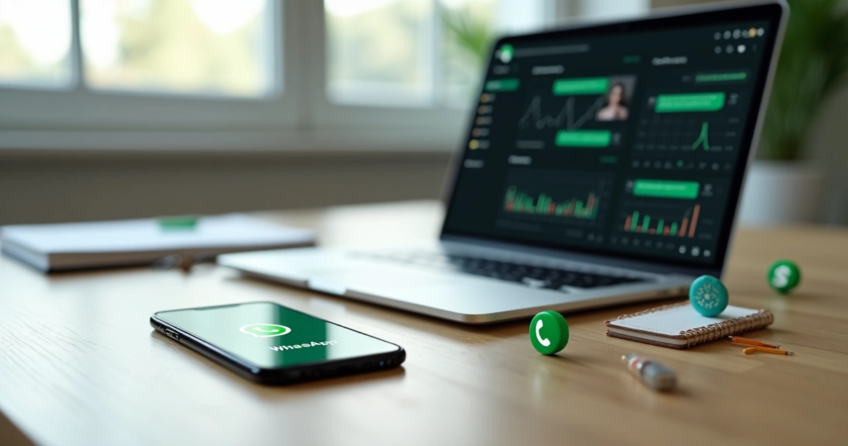Tela de celular com WhatsApp aberto ao lado de laptop mostrando painel de automação com ícones de IA 