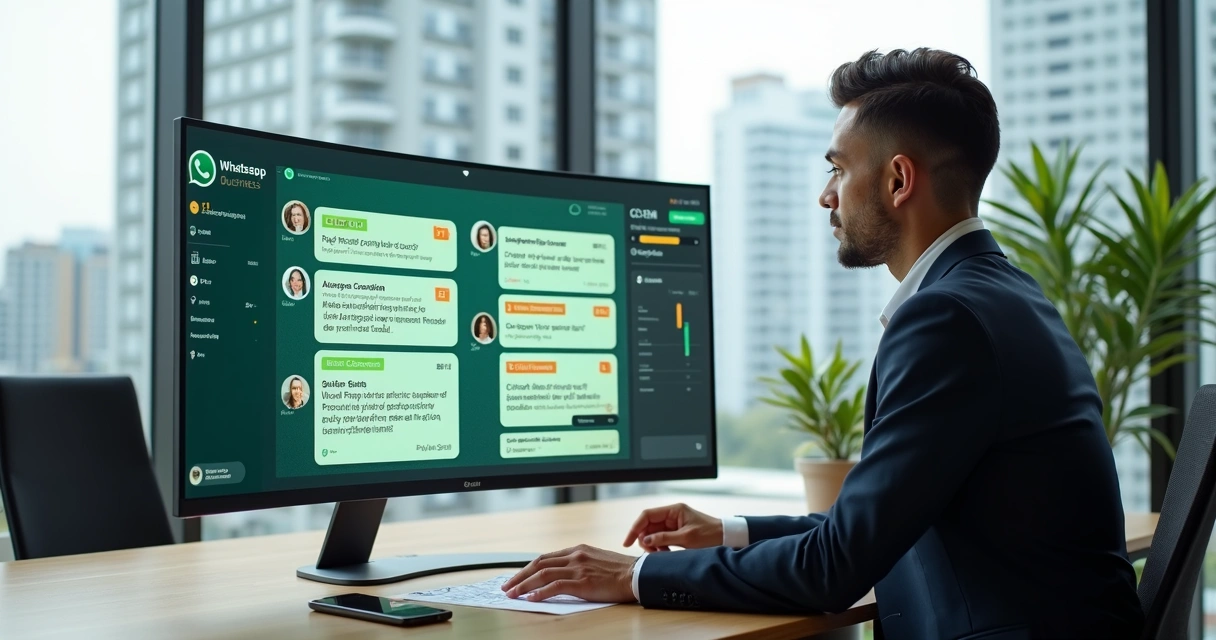 Corretor imobiliário analisando leads qualificados em painel de WhatsApp com apoio de IA 