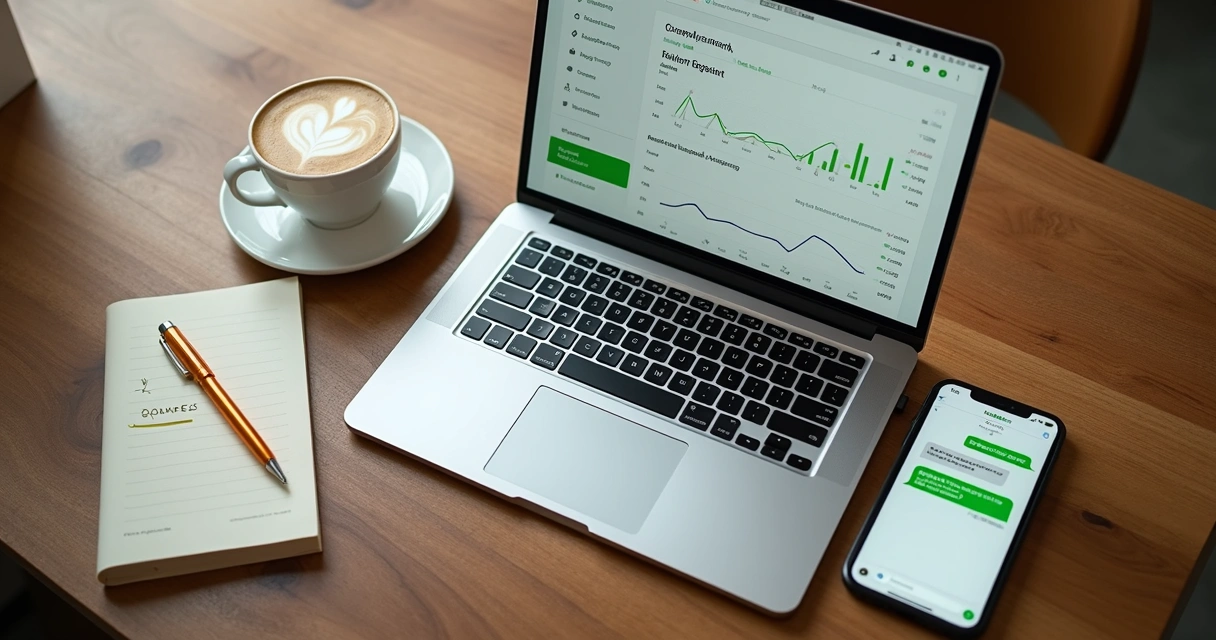 Smartphone com chat do WhatsApp e painel no laptop.