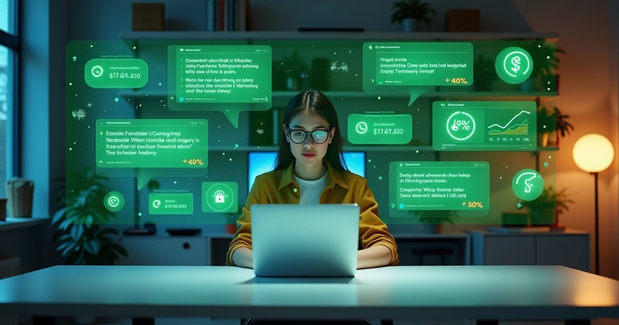 Painel flutuante mostrando métricas de vendas integradas ao WhatsApp em loja virtual moderna 