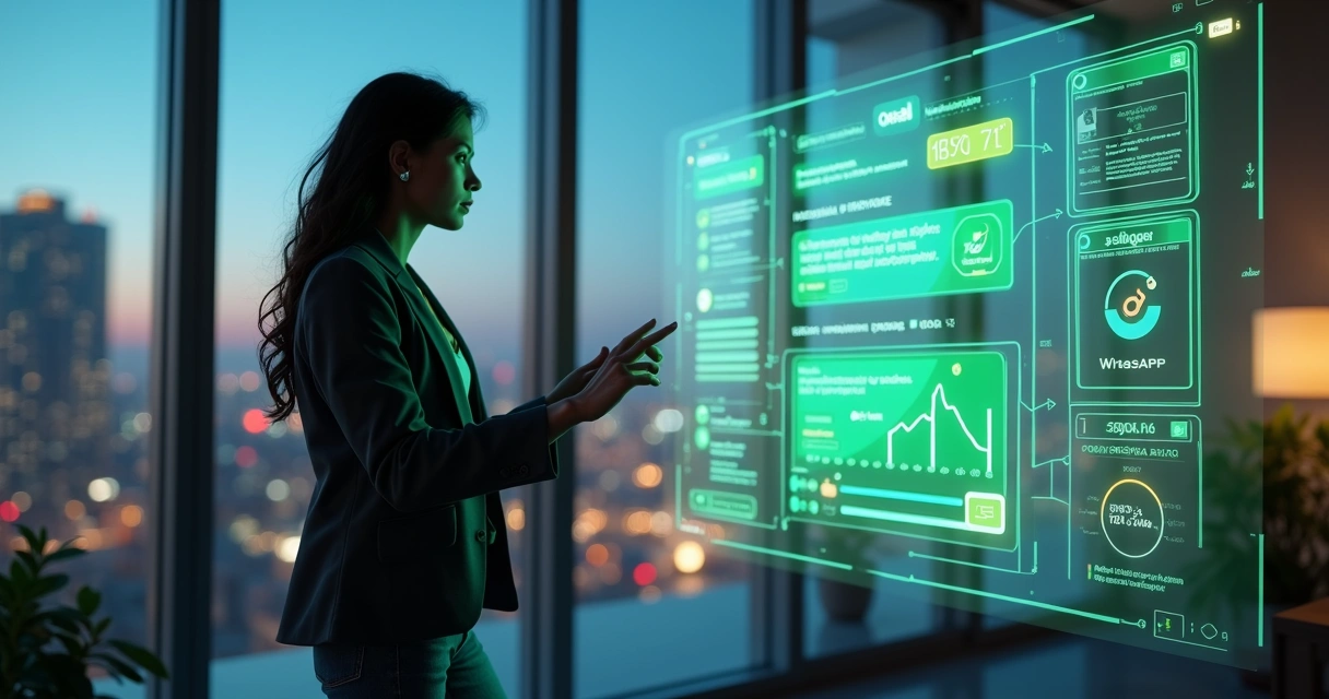 Emprendedora usando panel gigante conectado a WhatsApp e íconos de ventas 