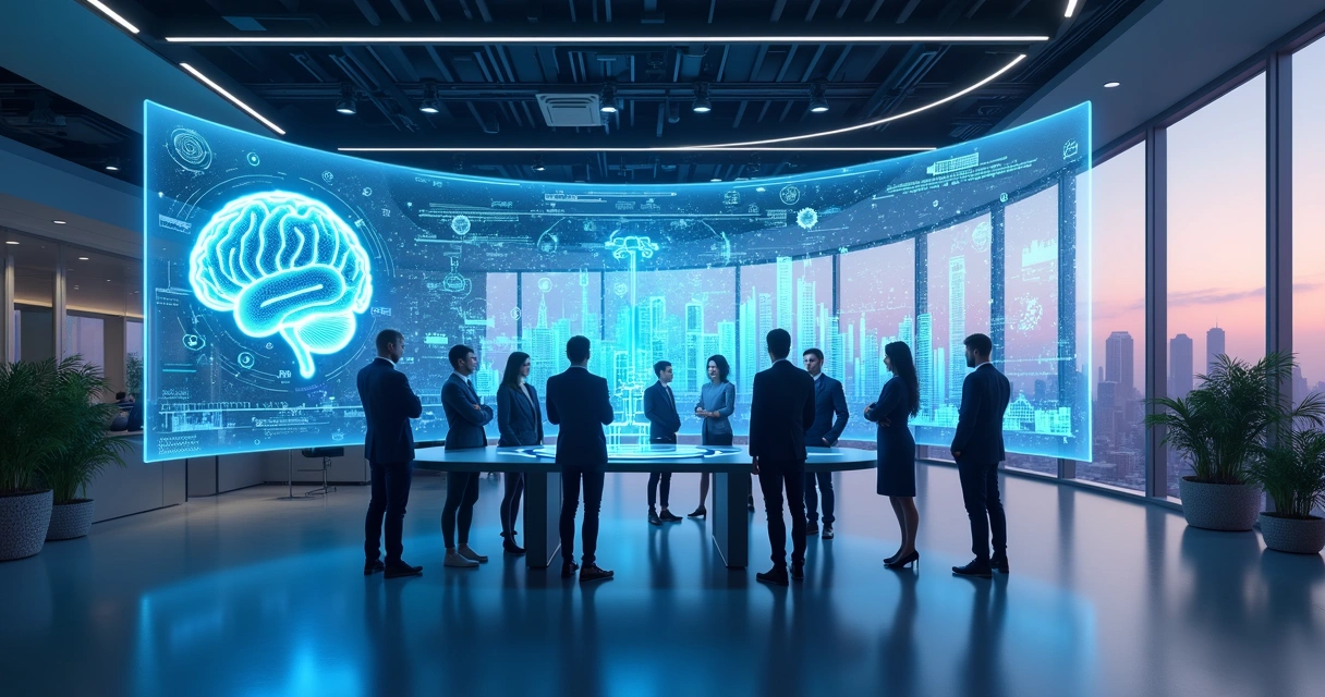 Time de tecnologia observando painel digital com inteligência artificial integrada a processos de negócios 