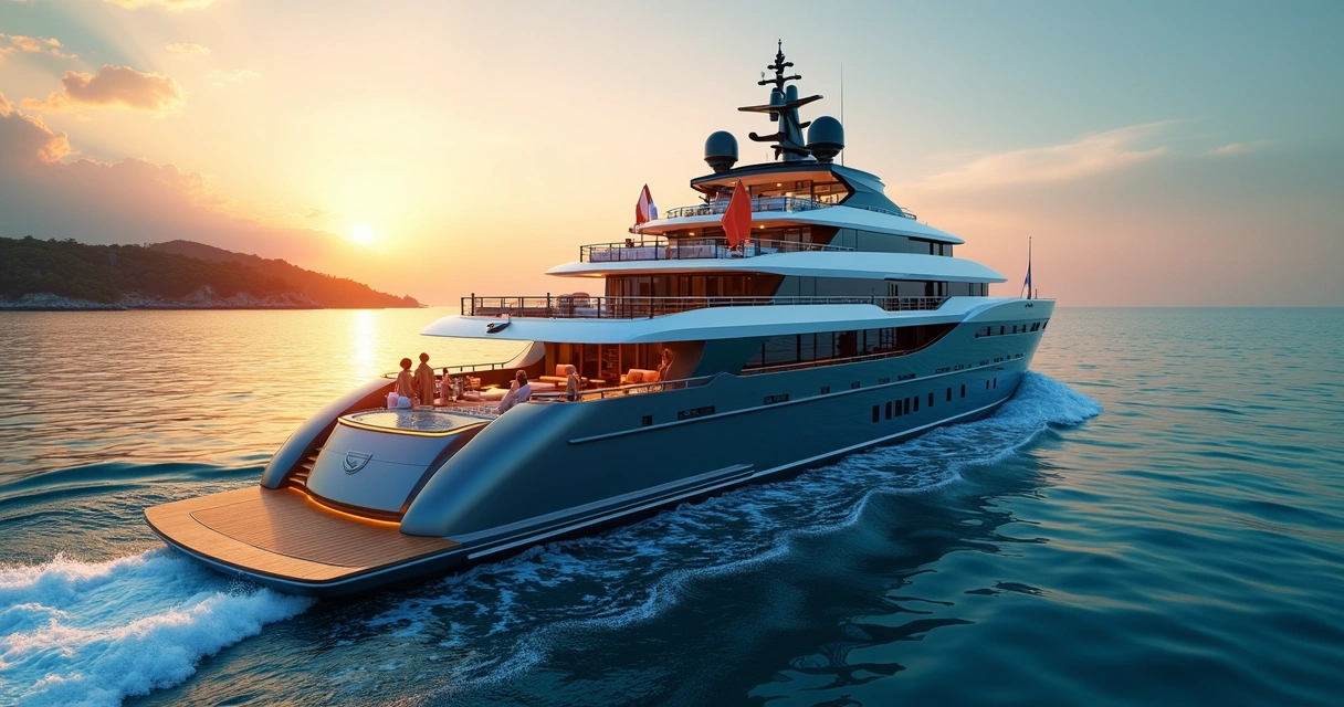 Iate privativo de luxo navegando sobre águas cristalinas ao pôr do sol 