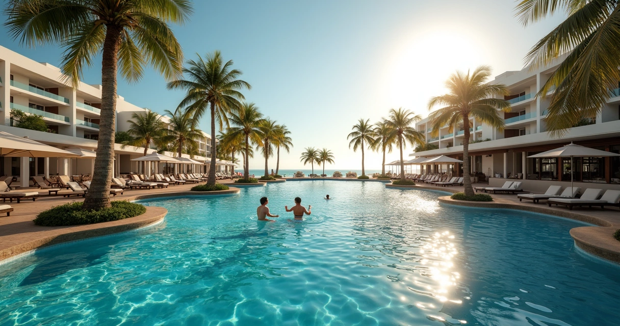 Piscina no resort com palmeiras e bar molhado 