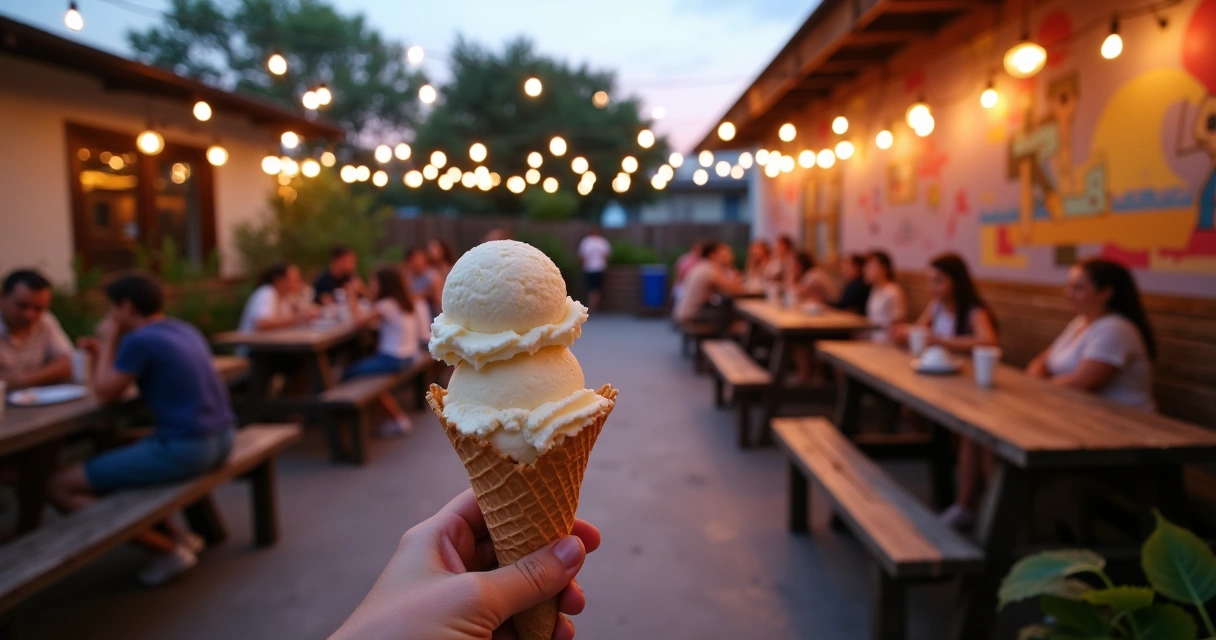 Ice cream outdoor seating in Austin with string lights at evening
