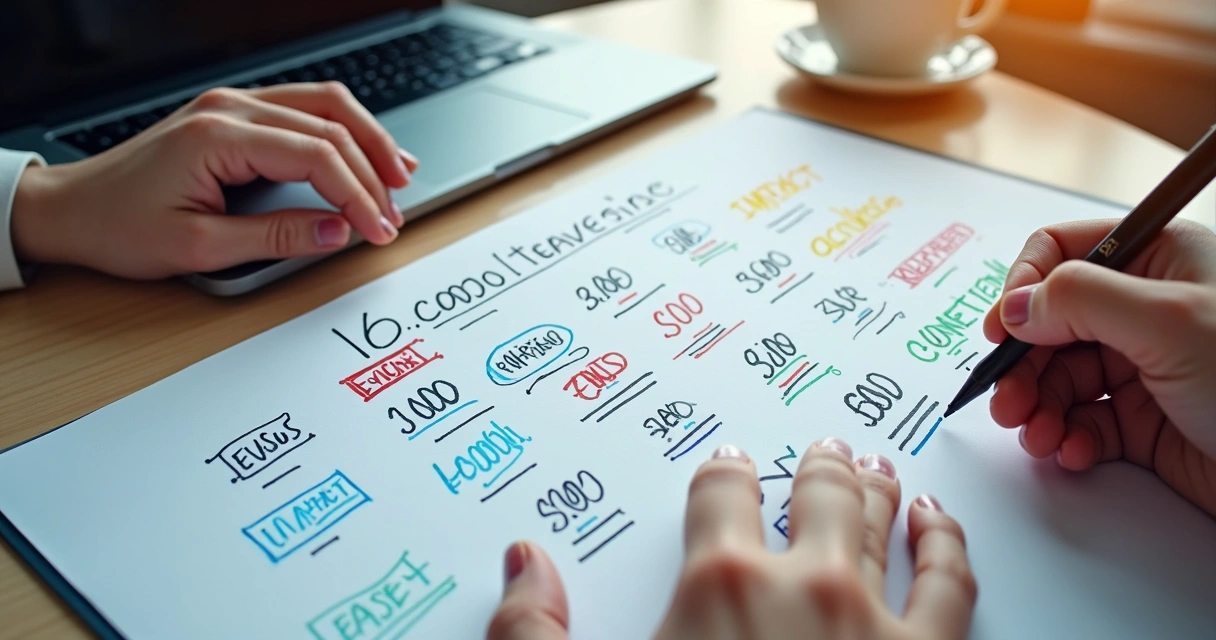 Quadro com pontuação ICE Score para ideias de crescimento em marketing e vendas 