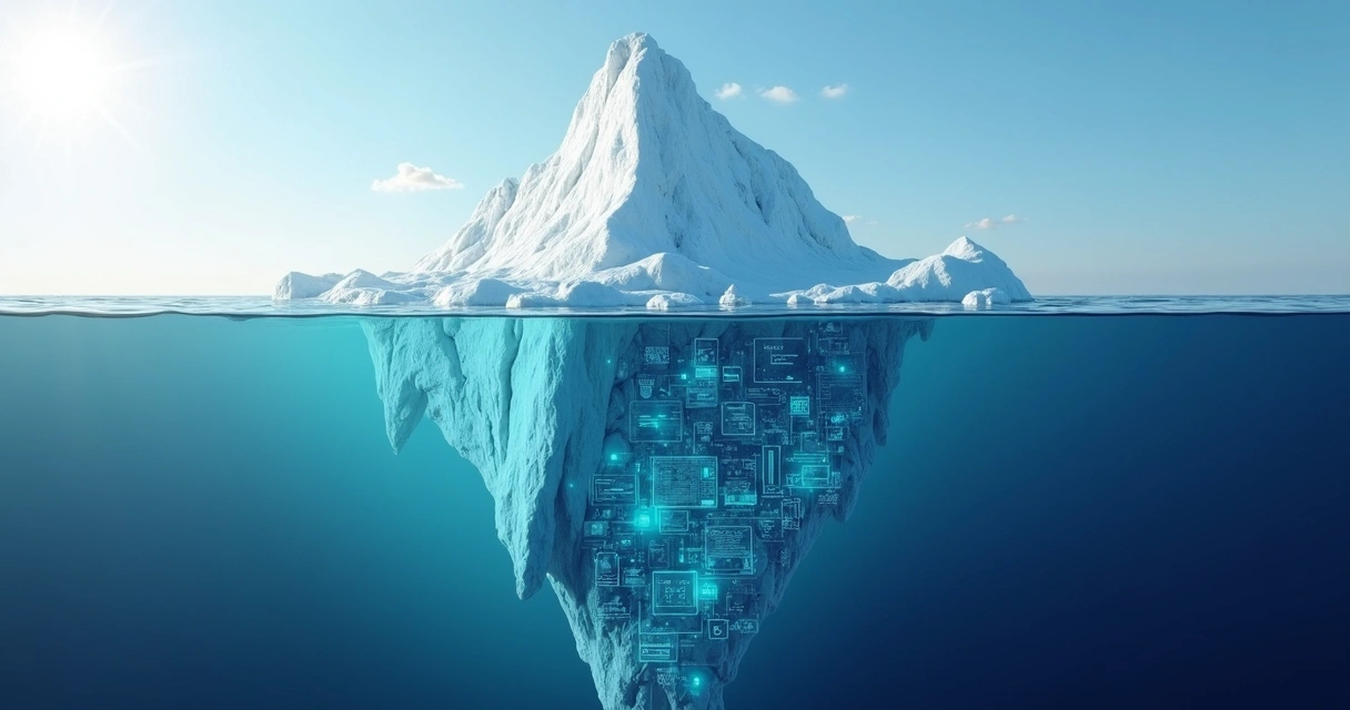 Iceberg digital com parte submersa mostrando servidores e custos ocultos em TI 