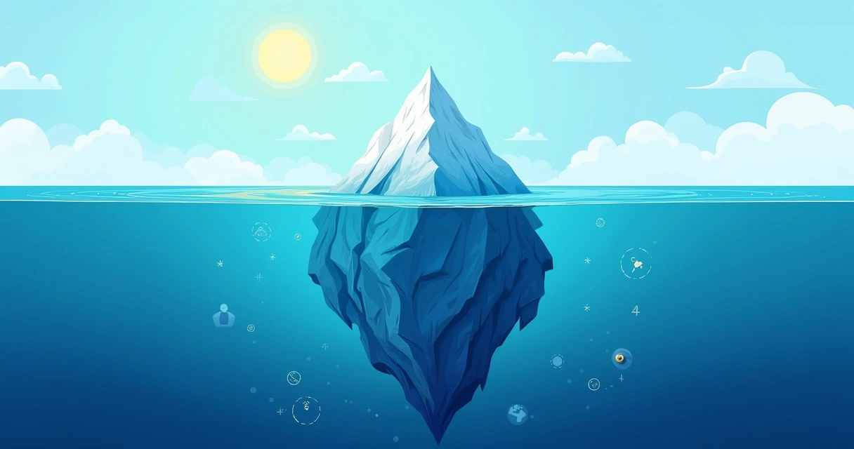Ilustração de um iceberg com a ponta visível e, embaixo, representações de valores e objetivos, céu claro ao fundo.