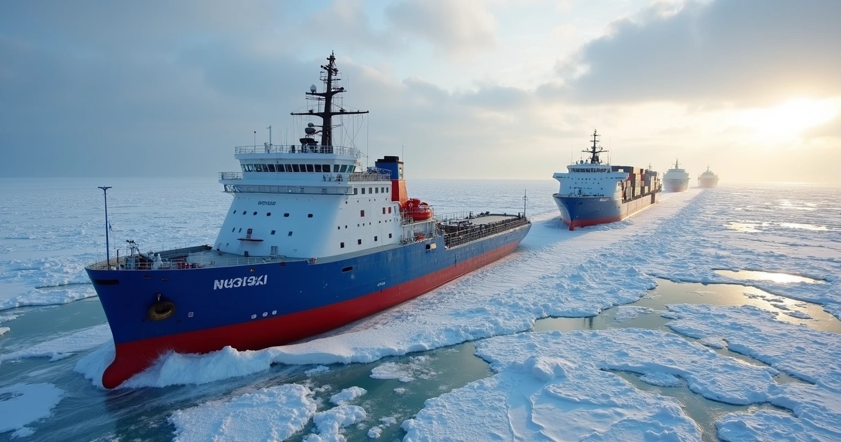Nuclear icebreaker leading commercial ships through Arctic sea ice.