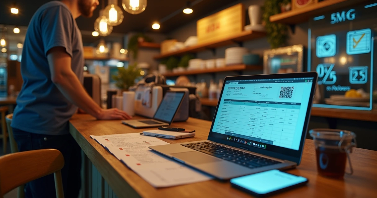 Dono de restaurante analisando nota fiscal de delivery no notebook 