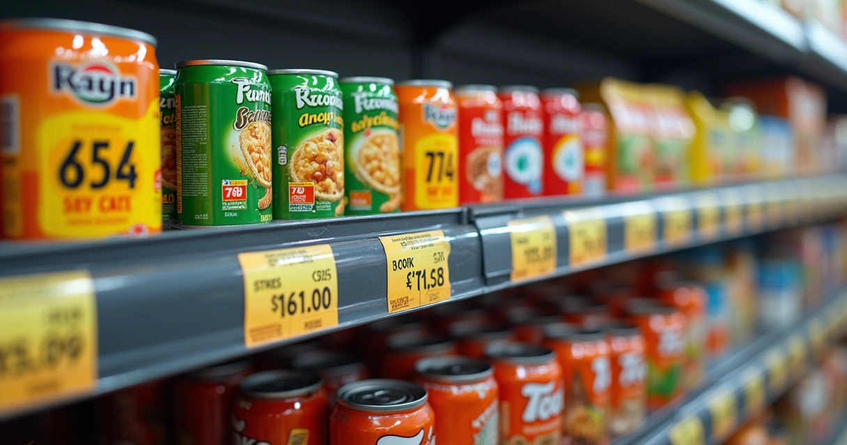 Produtos em uma prateleira de supermercado mostrando diferentes preços e etiquetas de impostos 