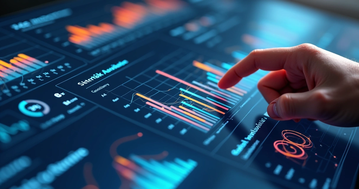 Ilustração colorida de painel de indicadores de performance digital, com gráficos e relatórios visíveis 