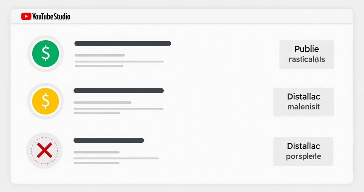 Ícones de status de monetização junto aos vídeos no YouTube Studio. 