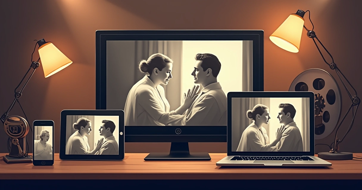 Ícones do cinema clássico exibidos em várias telas digitais 