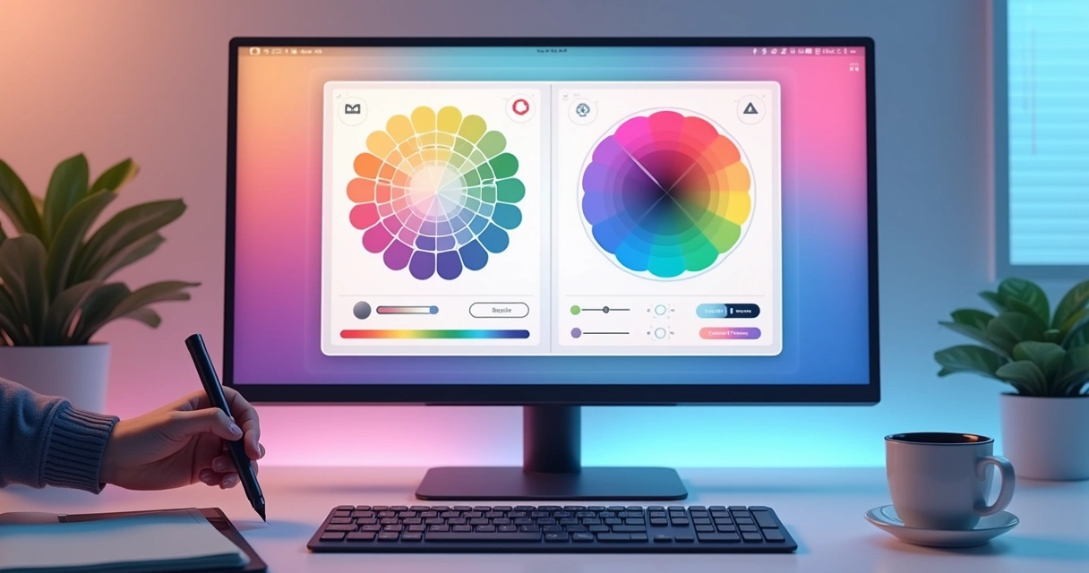 Tela com diversas paletas de cores e ícones de interface lado a lado 