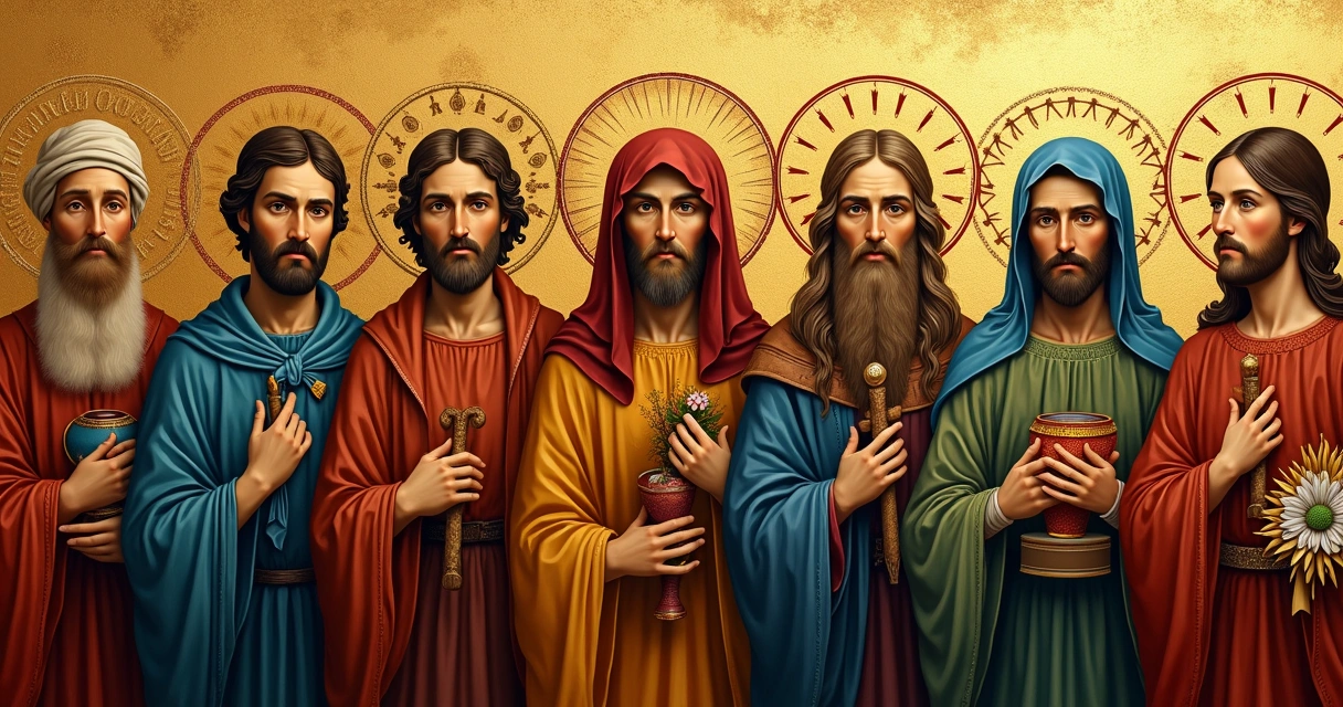 Ícones de santos pintados formando uma coleção de arte sacra com fundo dourado 