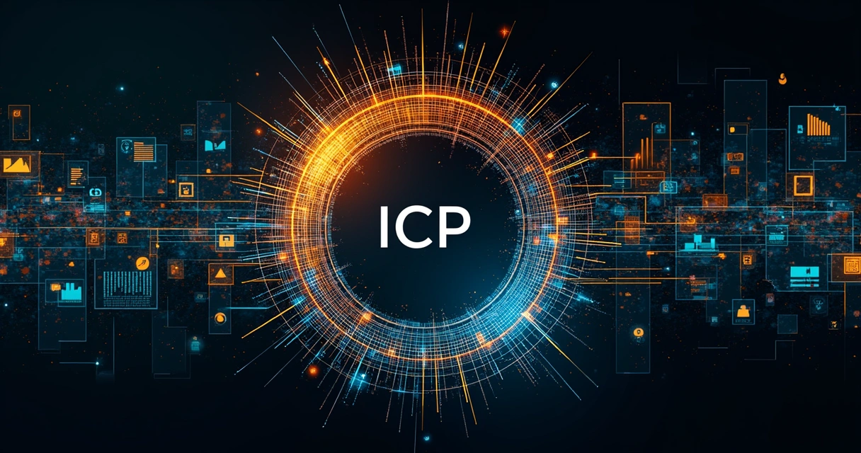 Lead Scoring B2B SaaS: Guia Prático de Modelos e Erros 2 Painel ilustrado mostrando dados firmográficos coloridos: gráficos, localização e ícones de negócios ao redor do ICP central