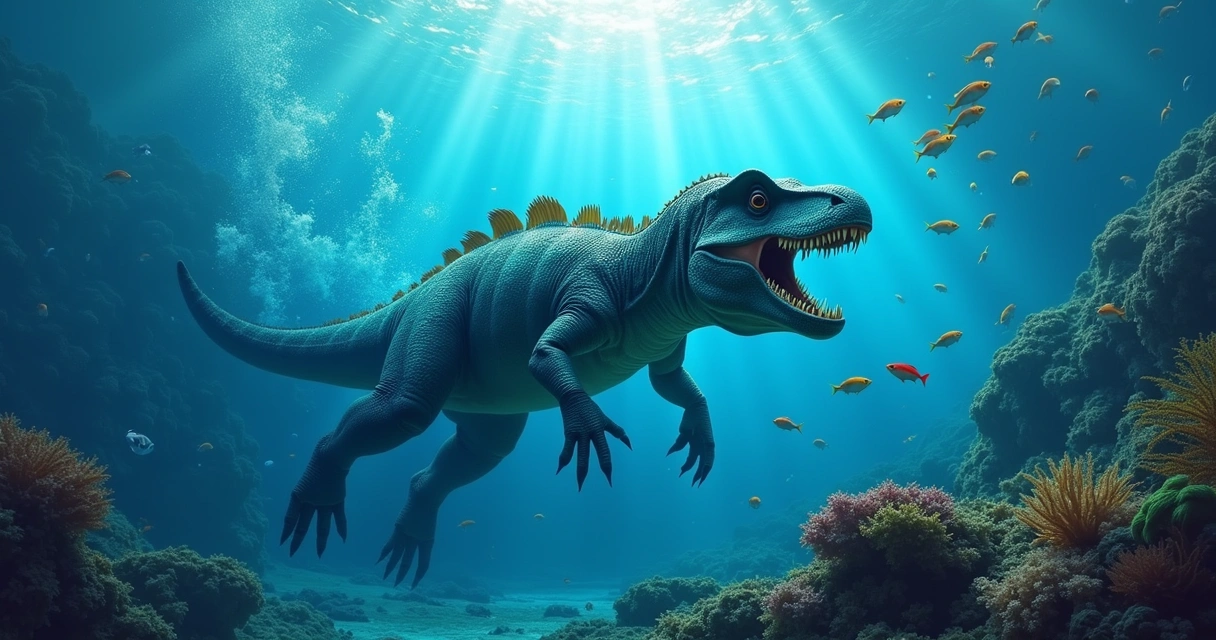 Ictiossauro mergulhando em um oceano profundo, capturando um peixe entre bolhas e luz solar.