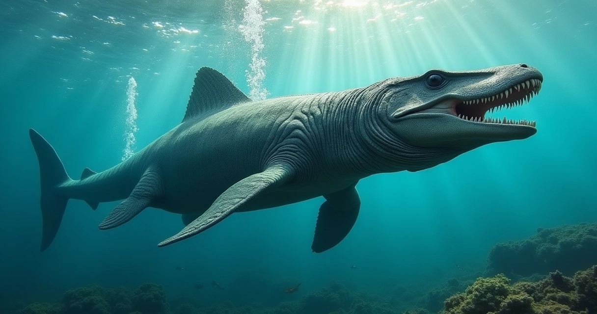 Ictiossauro nadando em águas azuis com corais e peixes ao fundo, destacando seu corpo hidrodinâmico.