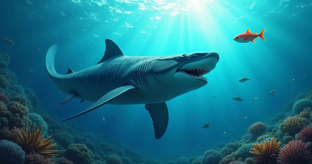 Ilustração de um ictiossauro no oceano, capturando um peixe com recifes de coral e luz solar.